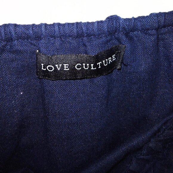 LOVE CULTURE DARK BLUE LINEN STRAPLESS RUFFLE TOP CROPPED JUMPSUIT W/ POCKETS - Picture 5 of 5